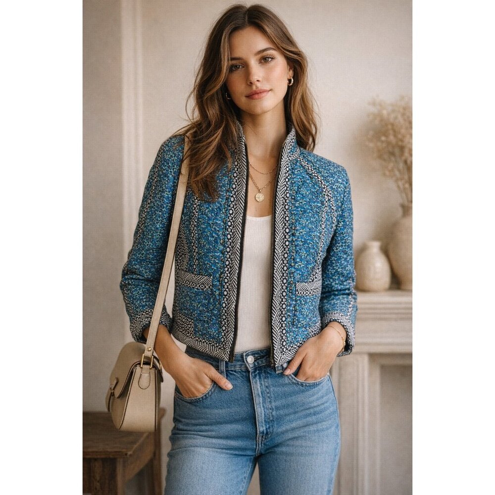 J.Crew Collection Silk Blend Quilted Jacket Blue Print NWOT Size 12